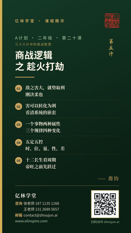A计划 · 二年级 · 第二十课「商战逻辑 之 趁火打劫」课程海报（亿林学堂，周钧），写着：敌之害大，就势取利，刚决柔也；害可以转化为利，看清系统的嵌套；一个事物两种属性，三个规律四种变化；五定五控，时、位、量、性、差；十二长生看周期，帝旺之前先跃迁
