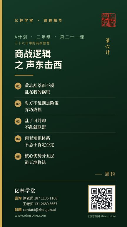 A计划 · 二年级 · 第二十一课「商战逻辑 之 声东击西」课程海报（亿林学堂，周钧），写着：敌志乱萃而不虞，乱在我的锅里；对方不乱则是险策，弄巧成拙；乱了可并购，不乱就联盟；两套知识体系，不急于肯定否定；核心优势分五层，道天地将法