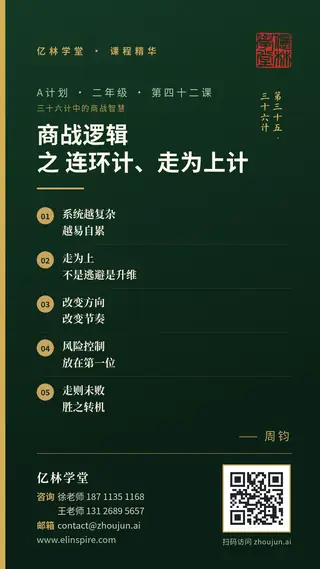 A计划 · 二年级 · 第四十二课「商战逻辑 之 连环计、走为上计」课程海报（亿林学堂，周钧），写着：系统越复杂，越易自累；走为上，不是逃避是升维；改变方向，改变节奏；风险控制，放在第一位；走则未败，胜之转机