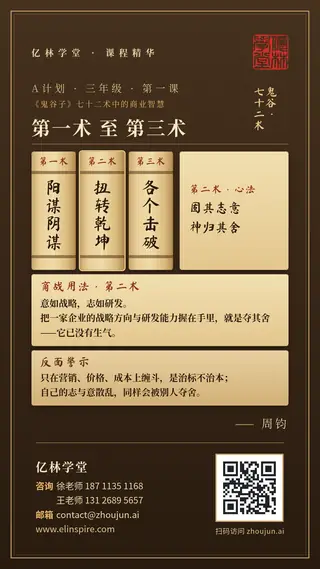A计划 · 三年级 · 第一课「第一术 至 第三术」课程海报（亿林学堂，周钧），写着：固其志意，神归其舍；意如战略，志如研发；握住战略与研发，就是夺其舍；只在营销价格上缠斗，是治标不治本