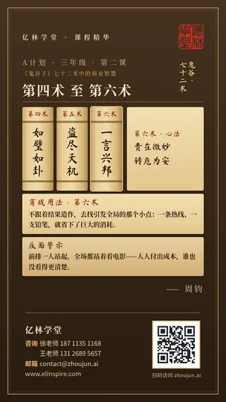 A计划 · 三年级 · 第二课「第四术 至 第六术」课程海报（亿林学堂，周钧），写着：贵在微妙，转危为安；找到引发全局的那个小点；与其顺应结果，不如构建原因；跟风造作，人人付出成本