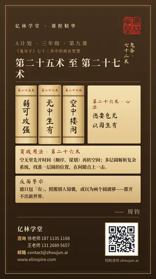 A计划 · 三年级 · 第九课「第二十五术 至 第二十七术」课程海报（亿林学堂，周钧），写着：飞不上去就用熵；德要包的是无；多层圆解析复杂；饰言不外损益